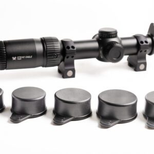 A rifle scope and seven different sized caps.