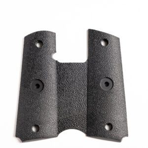 A black piece of metal with holes for mounting.